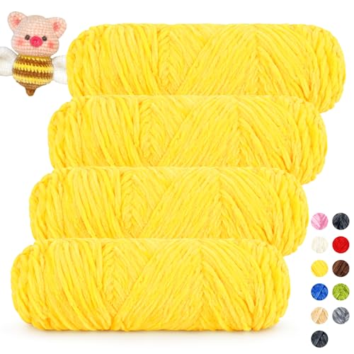 Coopay Samt Chenille Wolle, 400g (4x100g) Velvet Chenillegarn Wolle zum Häkeln&Stricken, Super Flauschige Weicher Babywolle für Kinder, Samtig Chenillewolle für Puppen, Schal, Decke - Warmes Gelb von Coopay