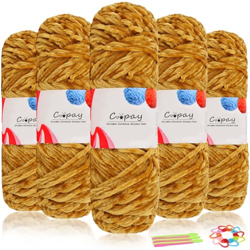 Coopay Samt Chenille Wolle, 500g (5x100g) Velvet Chenillegarn Wolle zum Häkeln&Stricken, Flauschige Weicher Babywolle für Kinder, Samtig Chenillewolle mit Häkelzubehör für Puppen, Schals - Ingwer von Coopay