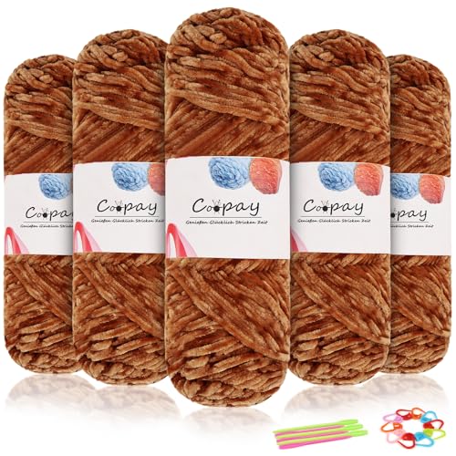 Coopay Samt Chenille Wolle zum Häkeln, 500g (5x100g) Velvet Chenillegarn, Dicke Wolle zum Stricken, Flauschige Weiche Samtig Chenillewolle mit Häkelzubehör für Schals, Decken - Karamell von Coopay
