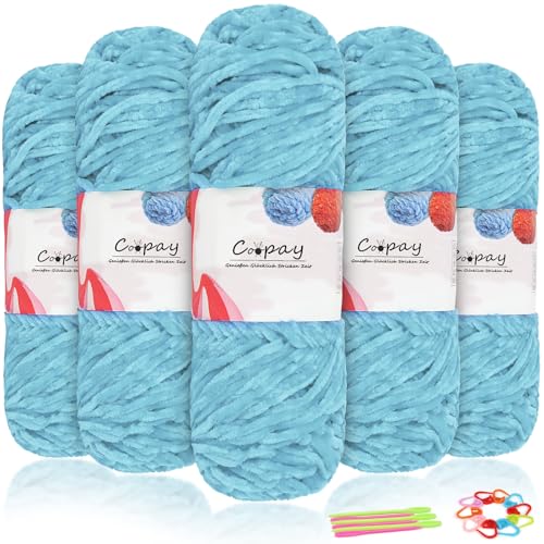 Coopay Samt Chenille Wolle, 500g (5x100g) Velvet Chenillegarn Wolle zum Häkeln&Stricken, Flauschige Weicher Babywolle für Kinder, Samtig Chenillewolle mit Häkelzubehör für Puppen, Schals - Aquamarin von Coopay