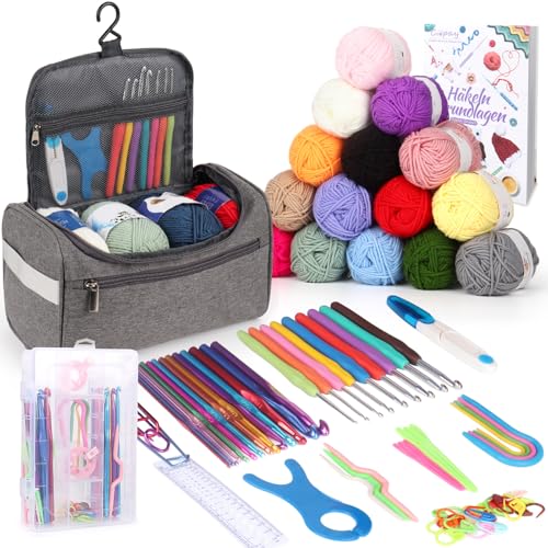 Coopay Tragbar Häkelset für Anfänger, Häkelnadel Set mit 15 Wolle, Tasche, Häkelzubehör, Ergonomische Häkelnadeln mit Weicher Griff und Metall Häkelnadel, 2,0-10 mm Praktische Häkelnadeln, Hellgrau Coopay Tragbar Häkelset für Anfänger, Häkelnadel Set mit 15 Wolle, Tasche, Häkelzubehör, Ergonomische Häkelnadeln mit Weicher Griff und Metall Häkelnadel, 2,0-10 mm Praktische Häkelnadeln, Hellgrau von Coopay