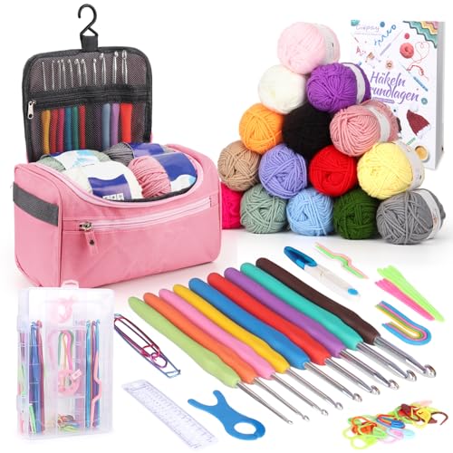 Coopay Tragbar Häkelset für Anfänger, Häkelnadel Set mit 15 Wolle, Tasche, Häkelzubehör, Ergonomische Häkelnadeln mit Weicher Griff und Metall Häkelnadel, 2,0-10 mm Praktische Häkelnadeln, Rosa Coopay Tragbar Häkelset für Anfänger, Häkelnadel Set mit 15 Wolle, Tasche, Häkelzubehör, Ergonomische Häkelnadeln mit Weicher Griff und Metall Häkelnadel, 2,0-10 mm Praktische Häkelnadeln, Rosa von Coopay