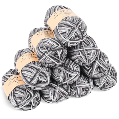 Coopay Wolle zum Häkeln, 10 x 45g Farbverlauf Häkelgarn, Weicher Häkelgarn Mehrfarbig, 5-Fädig Wolle zum Stricken, Bunt Garn zum Stricken Häkeln, Schönes Acrylgarn für Anfänger,Grau Weiß von Coopay