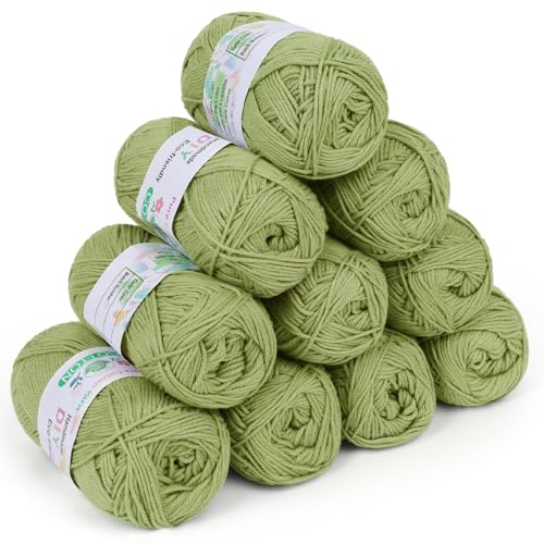 Coopay Wolle zum Häkeln, 100% Baumwolle zum Stricken, 10 x 50g Weiches Häkelgarn Baumwolle zum Häkeln, Babywolle Baumwollgarn für Pullover, Socken, Babydecke - Bohnengrün von Coopay