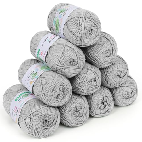 Coopay Wolle zum Häkeln, 100% Baumwolle zum Stricken, 10 x 50g Weiches Häkelgarn Baumwolle zum Häkeln, Babywolle Baumwollgarn für Pullover, Socken, Babydecke - Hellgrau von Coopay