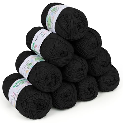 Coopay Wolle zum Häkeln, 100% Baumwolle zum Stricken, 10 x 50g Weiches Häkelgarn Baumwolle zum Häkeln, Babywolle Baumwollgarn für Pullover, Socken, Babydecke - Schwarz von Coopay