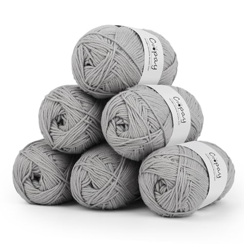 Coopay Wolle zum Häkeln, 100% Baumwolle zum Stricken, 6 x 50g Weiches Häkelgarn Baumwolle zum Häkeln, Babywolle Baumwollgarn für Pullover, Socken, Babydecke - Mittelgrau von Coopay