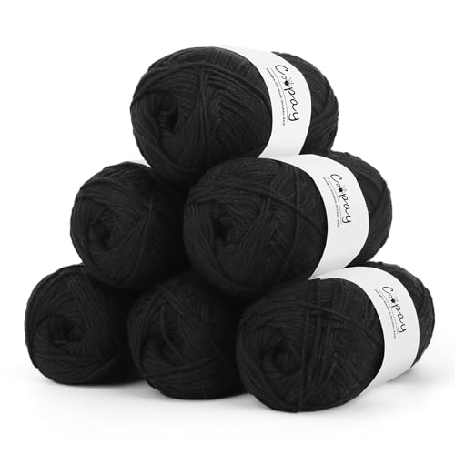 Coopay Wolle zum Häkeln, 100% Baumwolle zum Stricken, 6 x 50g Weiches Häkelgarn Baumwolle zum Häkeln, Babywolle Baumwollgarn für Pullover, Socken, Babydecke - Tiefschwarz von Coopay