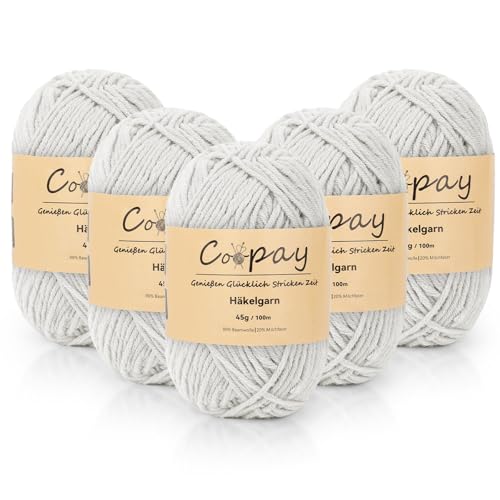 Coopay Wolle zum Häkeln, 225g (5x45g) Weiches Häkelgarn, 5 Faiding Wolle zum Stricken, Babywolle zum Häkeln für Anfänger, Super Weich Häkelgarn Babywolle für Häkel- und Strickprojekt - Silbergrau von Coopay