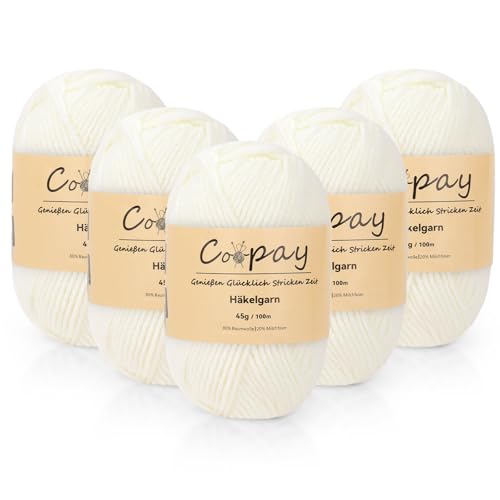Coopay Wolle zum Häkeln, 225g (5x45g) Weiches Häkelgarn, 5 Faiding Wolle zum Stricken, Babywolle zum Häkeln für Anfänger, Super Weich Häkelgarn Babywolle für Häkel- und Strickprojekt - Milchweiß von Coopay