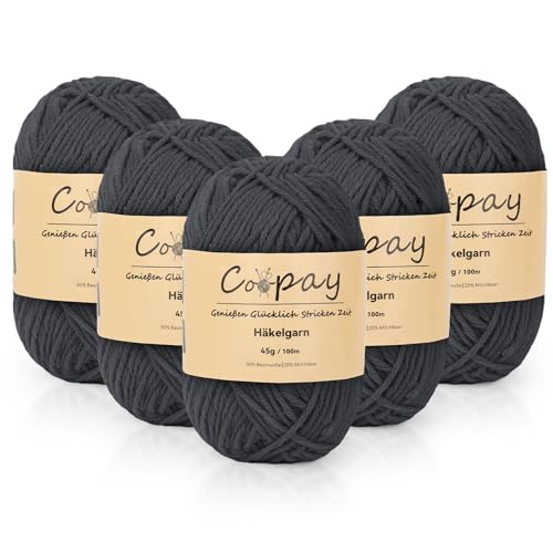 Coopay Wolle zum Häkeln, 225g (5x45g) Weiches Häkelgarn, 5 Faiding Wolle zum Stricken, Babywolle zum Häkeln für Anfänger, Super Weich Häkelgarn Babywolle für Häkel- und Strickprojekt - Anthrazitgrau von Coopay