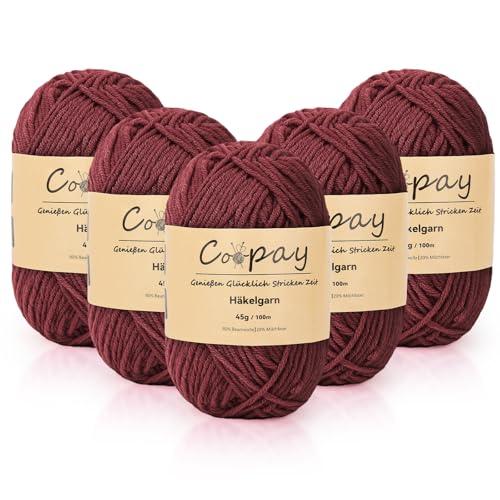 Coopay Wolle zum Häkeln, 225g (5x45g) Weiches Häkelgarn, 5 Faiding Wolle zum Stricken, Babywolle zum Häkeln für Anfänger, Super Weich Häkelgarn Babywolle für Häkel- und Strickprojekt - Burgunderrot von Coopay