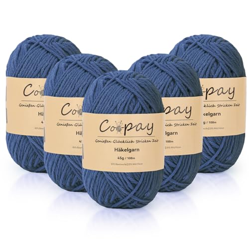 Coopay Wolle zum Häkeln, 225g (5x45g) Weiches Häkelgarn, 5 Faiding Wolle zum Stricken, Babywolle zum Häkeln für Anfänger, Super Weich Häkelgarn Babywolle für Häkel- und Strickprojekt - Denimblau von Coopay