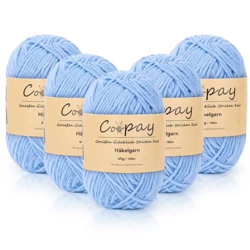 Coopay Wolle zum Häkeln, 225g (5x45g) Weiches Häkelgarn, 5 Faiding Wolle zum Stricken, Babywolle zum Häkeln für Anfänger, Super Weich Häkelgarn Babywolle für Häkel- und Strickprojekt - Hellblau von Coopay