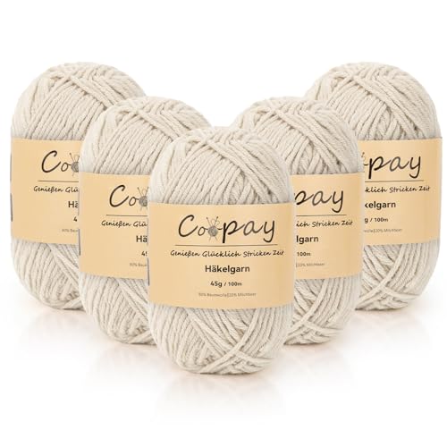 Coopay Wolle zum Häkeln, 225g (5x45g) Weiches Häkelgarn, 5 Faiding Wolle zum Stricken, Babywolle zum Häkeln für Anfänger, Super Weich Häkelgarn Babywolle für Häkel- und Strickprojekt - Khaki Weiß von Coopay