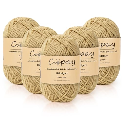 Coopay Wolle zum Häkeln, 225g (5x45g) Weiches Häkelgarn, 5 Faiding Wolle zum Stricken, Babywolle zum Häkeln für Anfänger, Super Weich Häkelgarn Babywolle für Häkel- und Strickprojekt - Khaki von Coopay