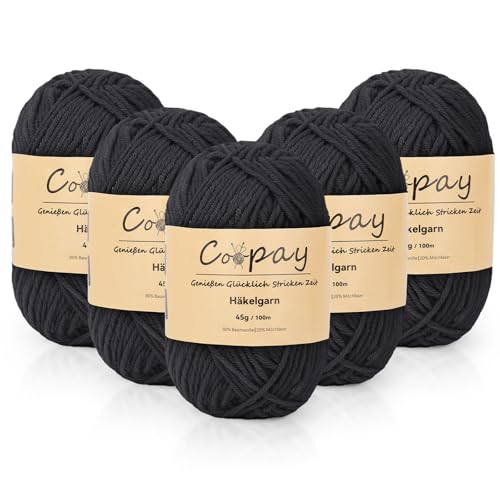 Coopay Wolle zum Häkeln, 225g (5x45g) Weiches Häkelgarn, 5 Faiding Wolle zum Stricken, Babywolle zum Häkeln für Anfänger, Super Weich Häkelgarn Babywolle für Häkel- und Strickprojekt - Schwarz von Coopay