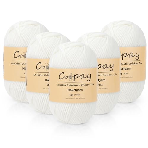 Coopay Wolle zum Häkeln, 225g (5x45g) Weiches Häkelgarn, 5 Faiding Wolle zum Stricken, Babywolle zum Häkeln für Anfänger, Super Weich Häkelgarn Babywolle für Häkel- und Strickprojekt - Weiß von Coopay