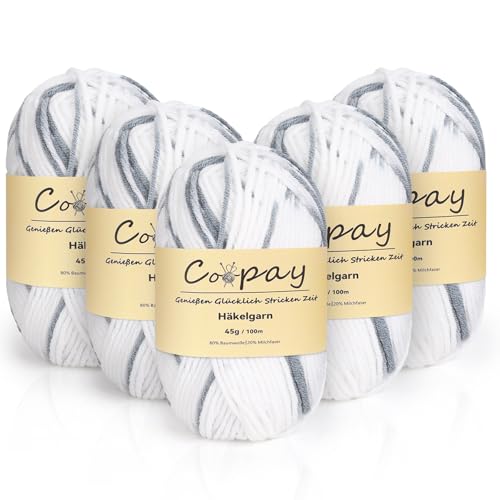 Coopay Wolle zum Häkeln, 5 x 45g Farbverlauf Häkelgarn, 5-Fädig Wolle zum Stricken, Weicher Häkelgarn Mehrfarbig, Bunt Garn zum Stricken Häkeln, Schönes Acrylgarn für Anfänger,Weiß Grau Coopay Wolle zum Häkeln, 5 x 45g Farbverlauf Häkelgarn, 5-Fädig Wolle zum Stricken, Weicher Häkelgarn Mehrfarbig, Bunt Garn zum Stricken Häkeln, Schönes Acrylgarn für Anfänger,Weiß Grau von Coopay