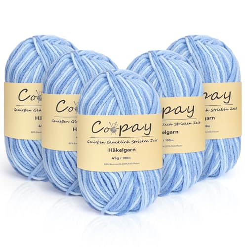 Coopay Wolle zum Häkeln, 5 x 45g Farbverlauf Häkelgarn, 5-Fädig Wolle zum Stricken, Weicher Häkelgarn Mehrfarbig, Bunt Garn zum Stricken Häkeln, Schönes Acrylgarn für Anfänger,Himmelblau von Coopay