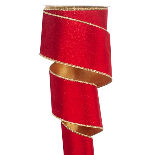 Drahtgebundenes Samtband für Weihnachtsbaum, 6,3 cm × 9,1 m, rotes Vintage-Samtband mit goldenem Rand, breites Drahtband für Geschenkverpackungen, Kränze, Basteln, Topper-Schleife, Drahtgebundenes Samtband für Weihnachtsbaum, 6,3 cm × 9,1 m, rotes Vintage-Samtband mit goldenem Rand, breites Drahtband für Geschenkverpackungen, Kränze, Basteln, Topper-Schleife, von Coowayze