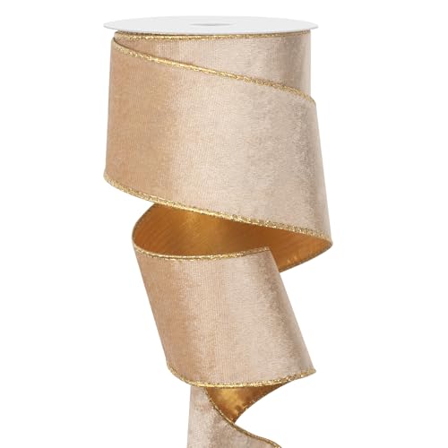 Drahtgebundenes Weihnachts-Samtband mit goldenem Rand, 6,3 cm × 9,1 m, Champagner-Gold, breites Drahtband für Weihnachtsbaumschmuck, Geschenkverpackungen, Kränze, Basteln, Topper-Schleife, Drahtgebundenes Weihnachts-Samtband mit goldenem Rand, 6,3 cm × 9,1 m, Champagner-Gold, breites Drahtband für Weihnachtsbaumschmuck, Geschenkverpackungen, Kränze, Basteln, Topper-Schleife, von Coowayze