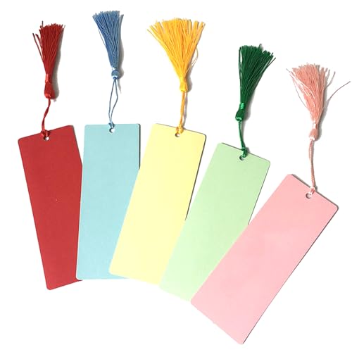 50-teiliges buntes Blanko-Lesezeichen-Set, 25 Stück, DIY-Karton, Bastel-Lesezeichen und 25 Stück mehrfarbige Quasten, 15 x 5 cm, Papieranhänger, rechteckig, blanko, Lesezeichen mit Löchern, Basteln von Copbopwn