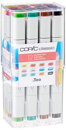 COPIC Classic Marker 12er Set "Leuchtende Farben", professionellee Layoutmarker mit einer mittelbreiten und einer feinen Spitze von Copic