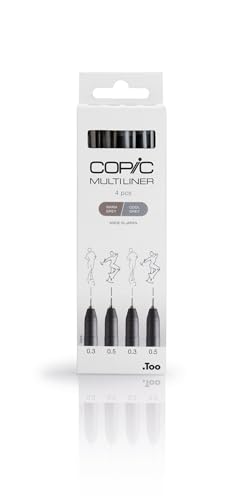 COPIC Multiliner Set Grey, 4 Stifte in 2 verschiedenen Farben und Strichstärken, Zeichenstifte mit wasserbeständiger Pigmenttinte, für Skizzen, Illustrationen und Outlines von Copic
