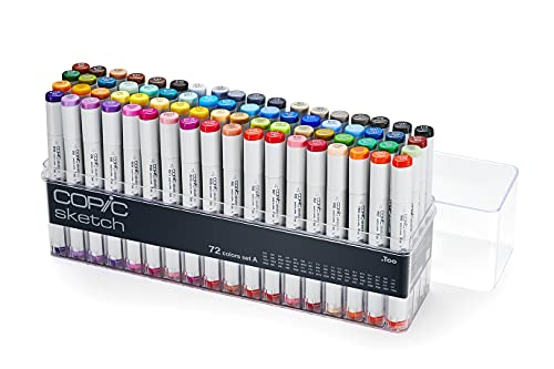 COPIC Sketch Marker Set A mit 72 Farben, professionelle Pinselmarker, im praktischen Acryl-Display zur Aufbewahrung und einfachen Entnahme von Copic
