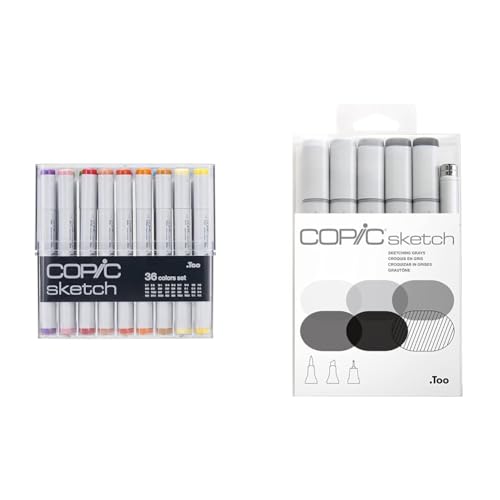 COPIC Sketch Marker Set mit 36 Farben, professionelle Pinselmarker & Sketch Marker Set ''Sketching Grays'' mit 6 Farben, professionelle alkoholbasierte Pinselmarker mit Spitze von Copic