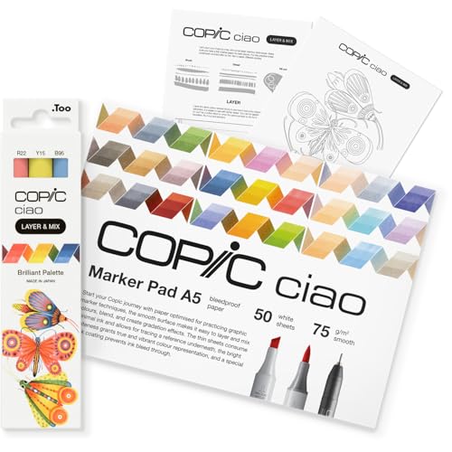 Copic Ciao LAYER & MIX Starter Set Brilliant, Marker Set mit 3 verschiedenen Farben, Markerpapier und Zeichenvorlage zum abpausen, inkl. Kennenlern-Übungsblatt Copic Ciao LAYER & MIX Starter Set Brilliant, Marker Set mit 3 verschiedenen Farben, Markerpapier und Zeichenvorlage zum abpausen, inkl. Kennenlern-Übungsblatt von Copic