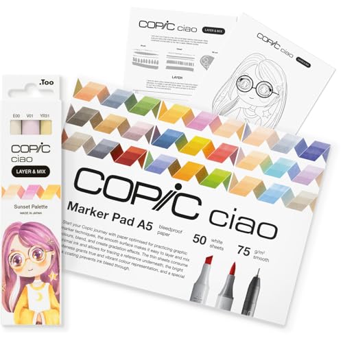Copic Ciao LAYER & MIX Starter Set Sunset, Marker Set mit 3 verschiedenen Farben, Markerpapier und Zeichenvorlage zum abpausen, inkl. Kennenlern-Übungsblatt Copic Ciao LAYER & MIX Starter Set Sunset, Marker Set mit 3 verschiedenen Farben, Markerpapier und Zeichenvorlage zum abpausen, inkl. Kennenlern-Übungsblatt von Copic