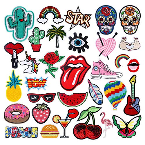 Copiel Patches zum Aufbügeln, 32 Stück Patch Sticker, DIY Kleidung Patches Aufkleber Stickerei Applikationen zum Nähen oder Aufbügeln für T-Shirt Jeans Kleidung Taschen von Copiel