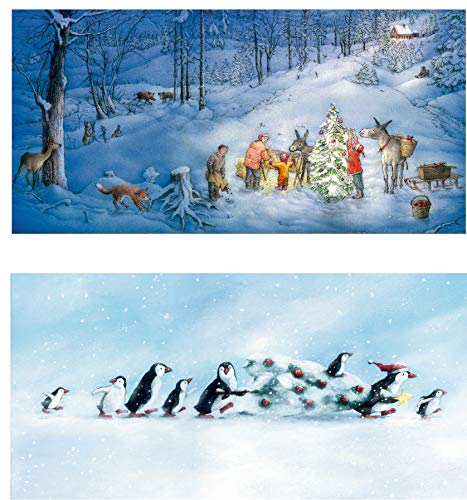 2er Set Adventskarten - Pinguine und Tiere im Holz Adventskarten Coppenrath 16,5 x 11,5 cm von Coppenrath