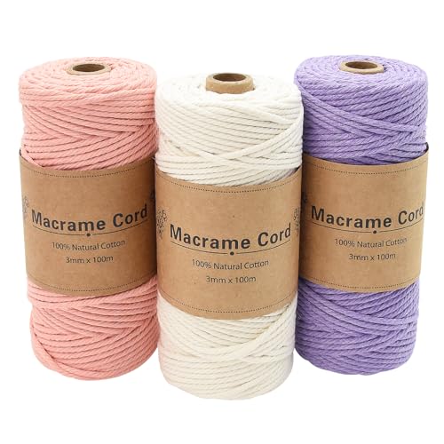 Coriver 3 Stück Makramee Garn, 3mm x 100m Macrame Cord, Makramee Schnur, Makrameegarn Kordel, Makramee Starter Set für DIY Handwerk Weben Dekoration Hängepflanze Pflanze Aufhänger (5. Lila+Rosa+Beige) von Coriver