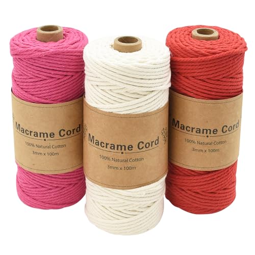 Coriver 3 Stück Makramee Garn, 3mm x 100m Macrame Cord, Makramee Schnur, Makrameegarn Kordel, Makramee Starter Set für DIY Handwerk Weben Dekoration Hängepflanze Pflanze Aufhänger (6. Rot+Braun+Beige) von Coriver