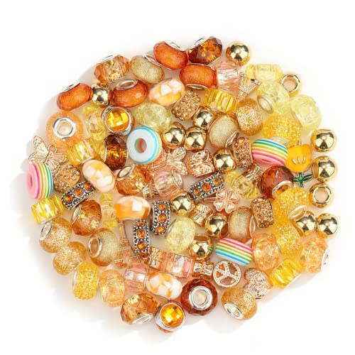 100 Stück verschiedene europäische Glasperlen mit großem Loch, Strass-Bastelperlen für Armbänder, Halsketten, Schmuckherstellung (gelb), Armband Perlen von Corkwaw