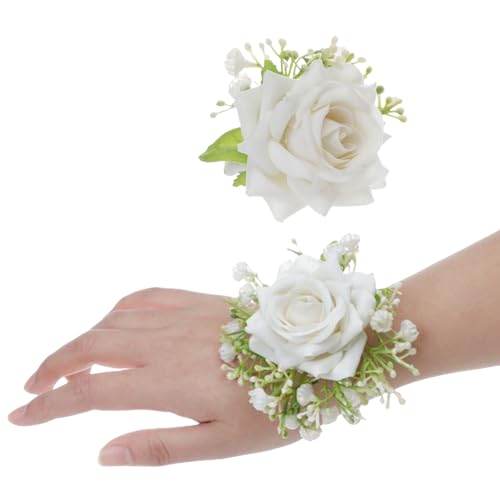 Ansteckblumen- und Ansteckblumen-Set, künstliche Rosen, Handgelenk-Anstecknadel, für Hochzeit, Braut, Brautjungfer, Handgelenk, Corsage, Ball-Dekoration (weiß), 2 Stück von Corkwaw