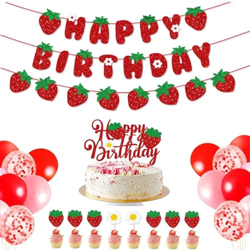 Cornholepy Erdbeer-Geburtstagsparty-Dekorationen, Obst-Themen-Zubehör, Happy Birthday-Banner, Erdbeer-Kuchenaufsatz, Cupcake-Topper für Damen, Rot, 32 Stück Cornholepy Erdbeer-Geburtstagsparty-Dekorationen, Obst-Themen-Zubehör, Happy Birthday-Banner, Erdbeer-Kuchenaufsatz, Cupcake-Topper für Damen, Rot, 32 Stück von Cornholepyㅤ