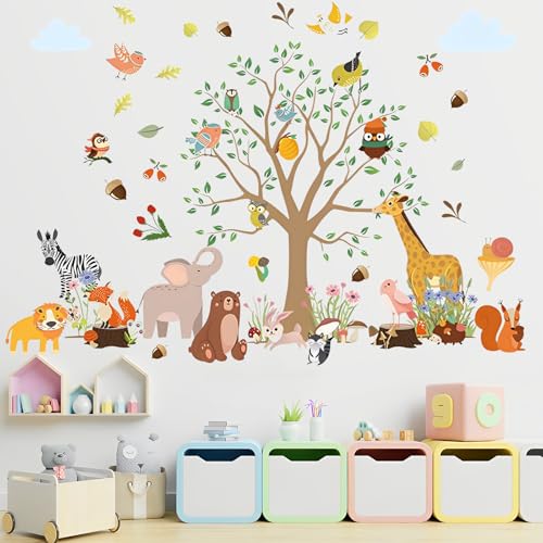 Wandtattoo Dschungel Tiere + Messlatte Kinder, Bäume, Giraffen, Elefanten, Zebras, Löwen, Füchse, Eichhörnchen, Vögel, wandtattoo kinderzimmer, Safari Wandsticker, Schlafzimmer/Wohnzimmer Wanddeko von Corpower