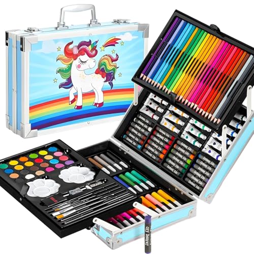 Corslet 145-teiliges Kunst-Set für Kinder mit Einhorn-Aufbewahrungsbox, Zeichen- und Malset mit Ölpastellen, Wasserfarben, Skizzenstiften, Buntstiften, Kunst- und Bastelbedarf für Mädchen und Jungen von Corslet