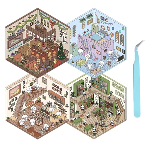 Cosmeria 4 Sätze DIY 3D Hausaufkleber Set Typ A, 3D Sticker Scene, Kreativer Stressabbau Für Kinder, Erwachsene, Sticker Therapy, Kreative Szene Spaß Stacking von Cosmeria