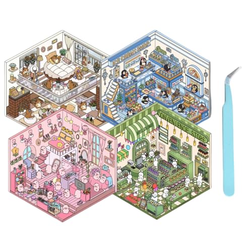 Cosmeria 4 Sätze DIY 3D Hausaufkleber Set Typ B, 3D Sticker Scene, Kreativer Stressabbau Für Kinder, Erwachsene, Sticker Therapy, Kreative Szene Spaß Stacking Cosmeria 4 Sätze DIY 3D Hausaufkleber Set Typ B, 3D Sticker Scene, Kreativer Stressabbau Für Kinder, Erwachsene, Sticker Therapy, Kreative Szene Spaß Stacking von Cosmeria
