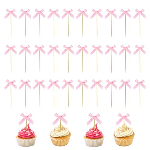 Cosmeria Cupcake Topper mit rosa Schleife, 30 Stück, Party-Dekorationen, Babyparty-Cupcake-Picker für Brautparty, Mädchen, Geburtstag, Kuchendekoration (rosa) von Cosmeria