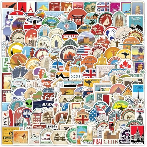 Cosmeria Kofferaufkleber, 200-teiliges Reise-Sticker-Pack mit berühmten Sehenswürdigkeiten, wasserfeste Vinyl-Sticker für Koffer, Wasserflaschen, Laptops & mehr von Cosmeria