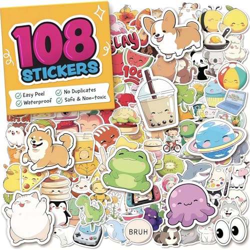 Cosmeria Scrapbook Stickers, 108-teiliger Sticker-Pack mit kawaii Motiven, wasserfeste Vinyl-Sticker für Wasserflaschen, Laptops, Handys & mehr von Cosmeria