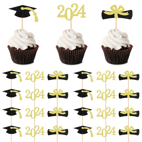 24 Stück Glitzer 2024 Graduation Cupcake Toppers,Abschluss Deko Cupcake toppers,Bachelor Hut Deko für Abschlussfeier Party, Graduation Dekoration von Cosswe
