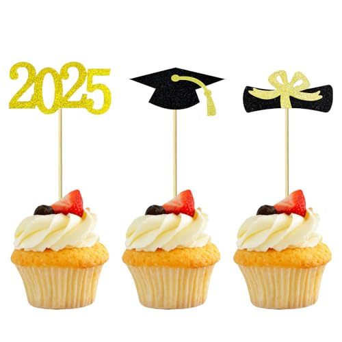 24 Stück Glitzer 2025 Graduation Cupcake Toppers,Abschluss Deko Cupcake toppers,Bachelor Hut Deko für Abschlussfeier Party, Graduation Dekoration von Cosswe