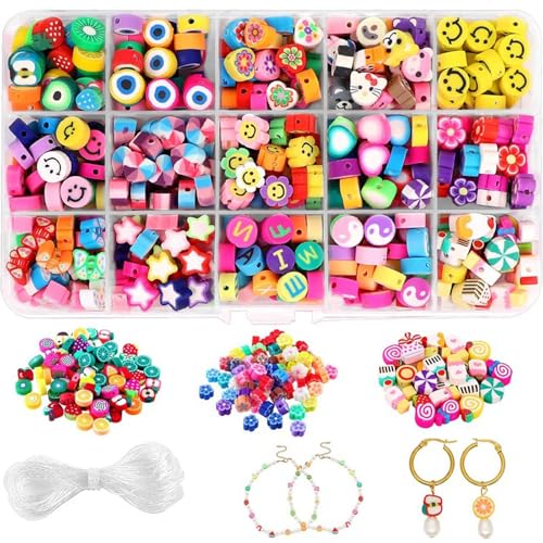 300 Stück Perlen zum Auffädeln für Kinder Armbänder, Bastelperlen Zum Auffädeln Kinder mit Perlen,Ster,Blume,Smiley für DIY Armband Halskette Ohrringe Beads Kit von Cosswe